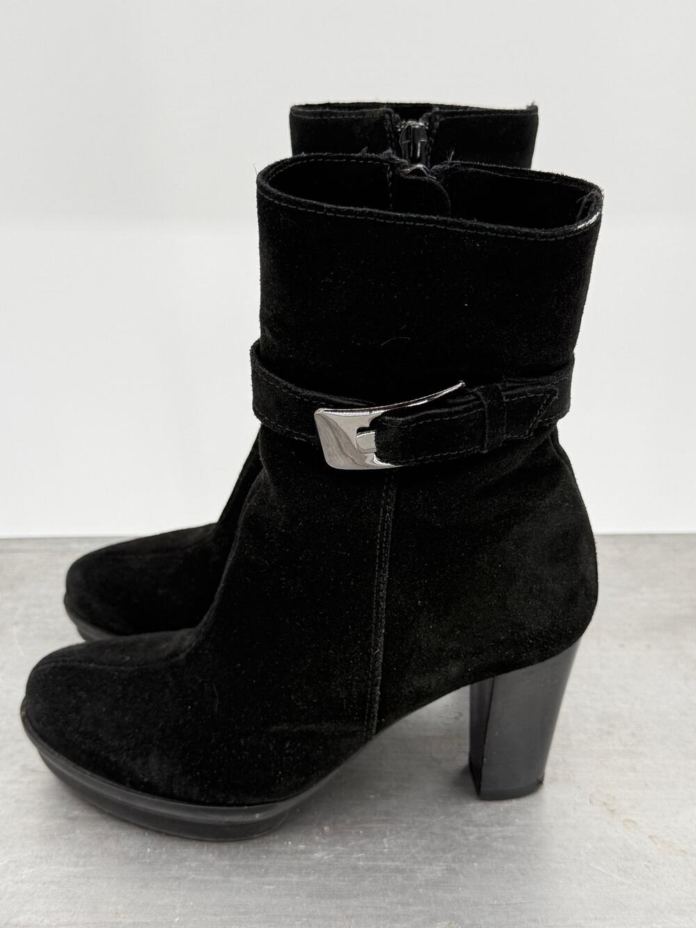 La Canadienne Black Suede Platform Ankle Boots Heel Buckle Zip Womens 5.5 Canada